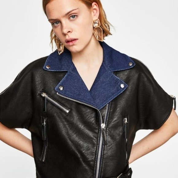 Zara Jackets & Blazers - 🆕 Zara Contrasting Biker Faux Leather and Denim Jacket NWOT Size Large